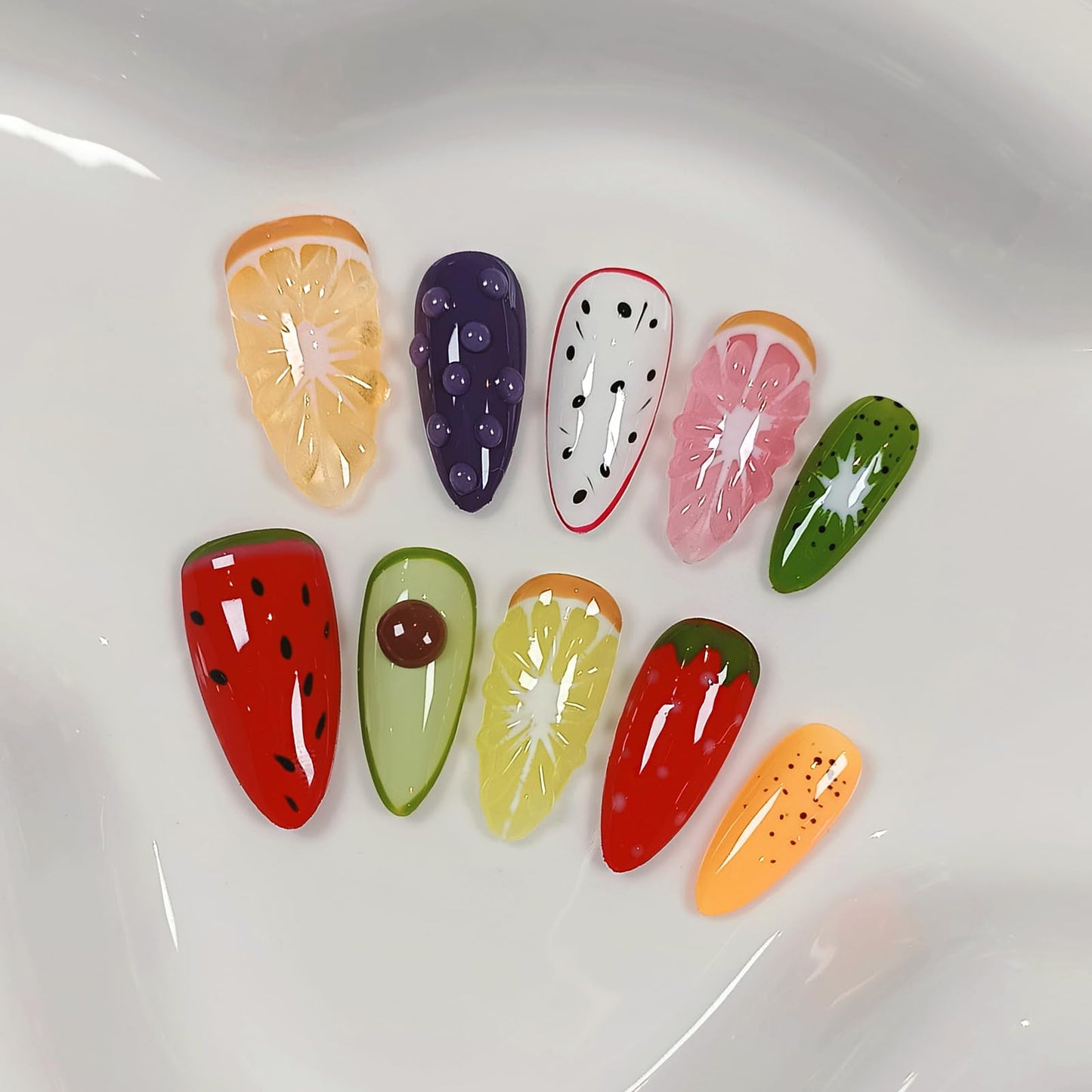 TENPAL Summer Fruit Press on Nails - Vibrant Almond Shaped Fake Nails with Kiwi, Watermelon & Avocado Designs | Reusable Colorful Nail Art for Women | Tropical Fruit Manicure Set (Medium Length,M)