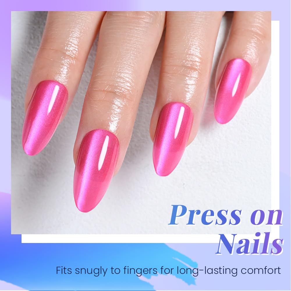 evpct Hot Pink Cat Eye Almond Medium Press on Nails for Women, Rose Red Medium Almond No Glue Stick on Nails with Cat Eye Design, Holographic Glossy Soft Nail, Reusable Press on Acrylic Fake Nail