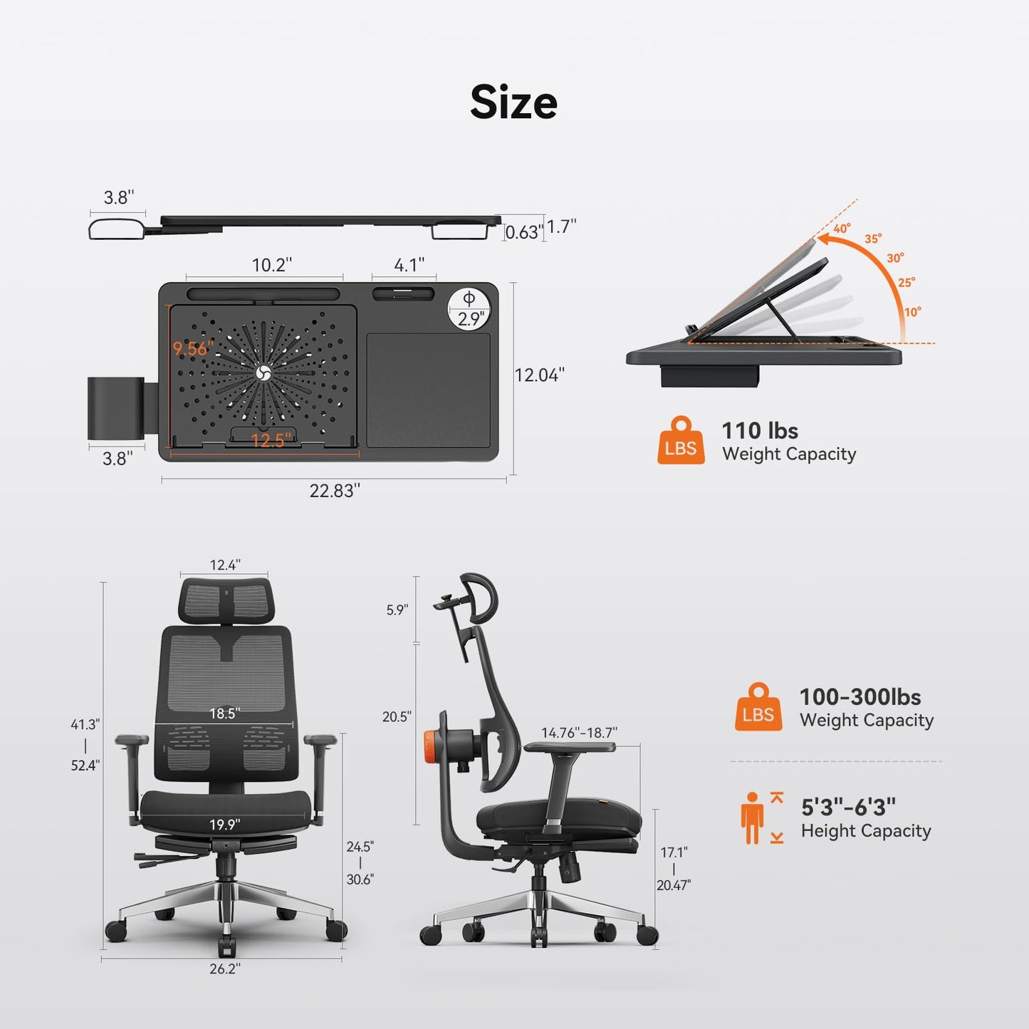 Newtral Ergonomic Home Office Chair-Office Desk Chair with Footrest, Auto-Following Backrest & Headrest, 4D Armrests, 96°-136° Recline (Black, with Laptop Table)
