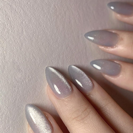 Gray Cat EyePresss on Nails Medium Almond Fake Nails Glossy Shiny Acrylic Nails Glitter Ombre Glue on Nails Solid Color Nails Press ons Short Almond Nails False Nails for Women 24Pcs