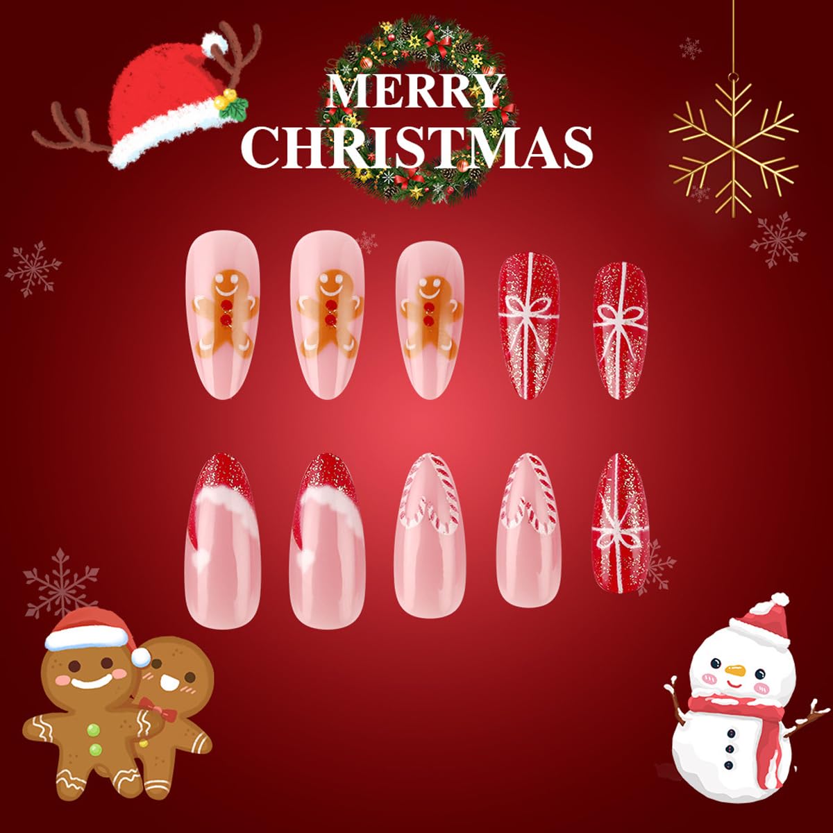 Christmas Press On Nails Medium Almond Fake Nails Gingerbread Santa Hat With Candy Cane Bow Design Xmas False Nails Full Cover Cute Acrylic Glue On Nail Winter Stick On Nails For Women 24pcs