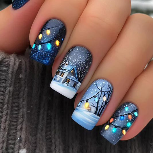 24Pcs Winter Snow House Press on Nails Christmas Short Square Fake Nails with Lantern Designs Snowflake Xmas Glue on Nails Full Cover Cute Acrylic Stick on Nail for Women