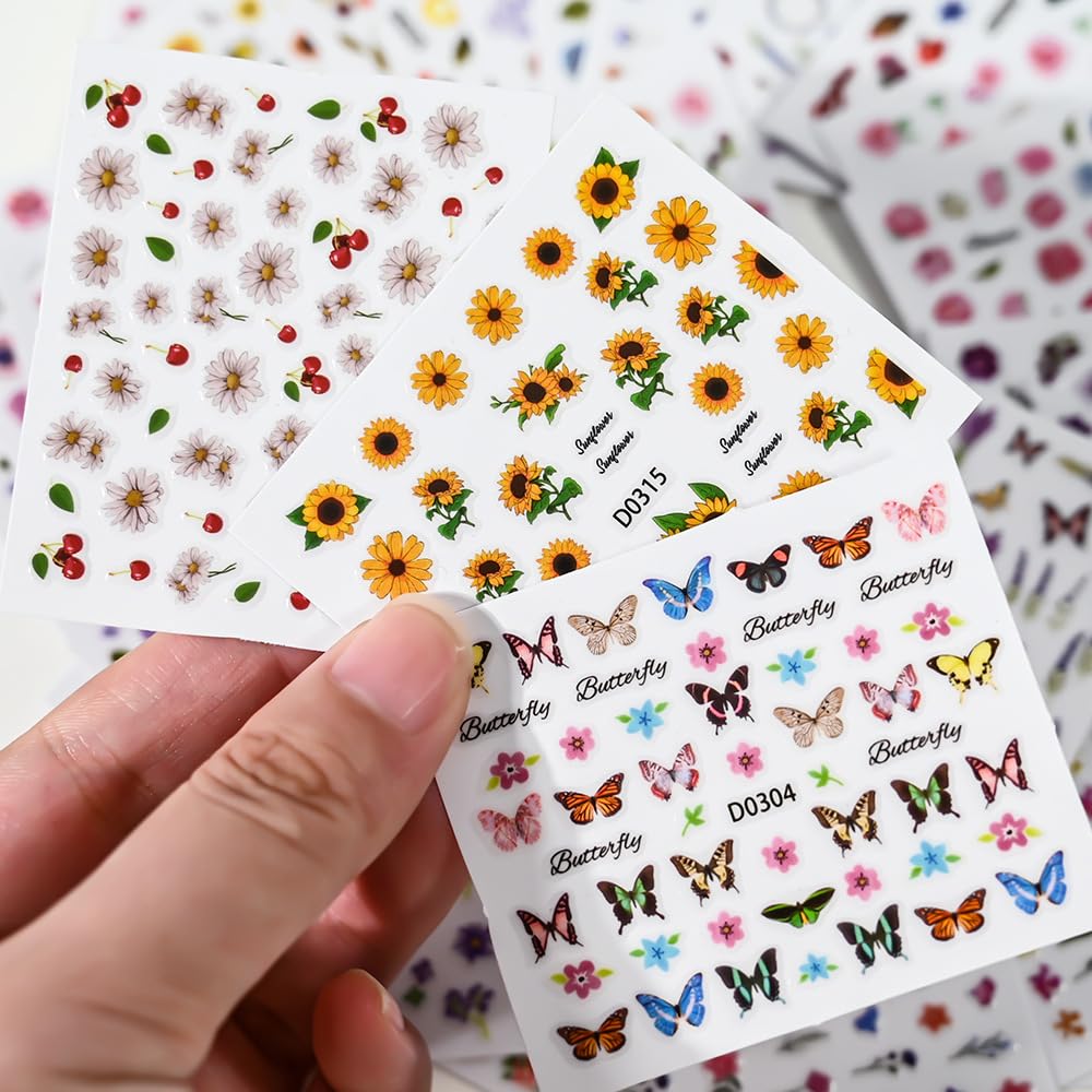 30 Sheets Flower Nail Stickers for Nail Art, 3D Self-Adhesive Wildflower Nail Decals, Sunflower Lavender Spring Nail Supplies Nail Art Design Accessories for Women and Girls Manicure DIY Decoration