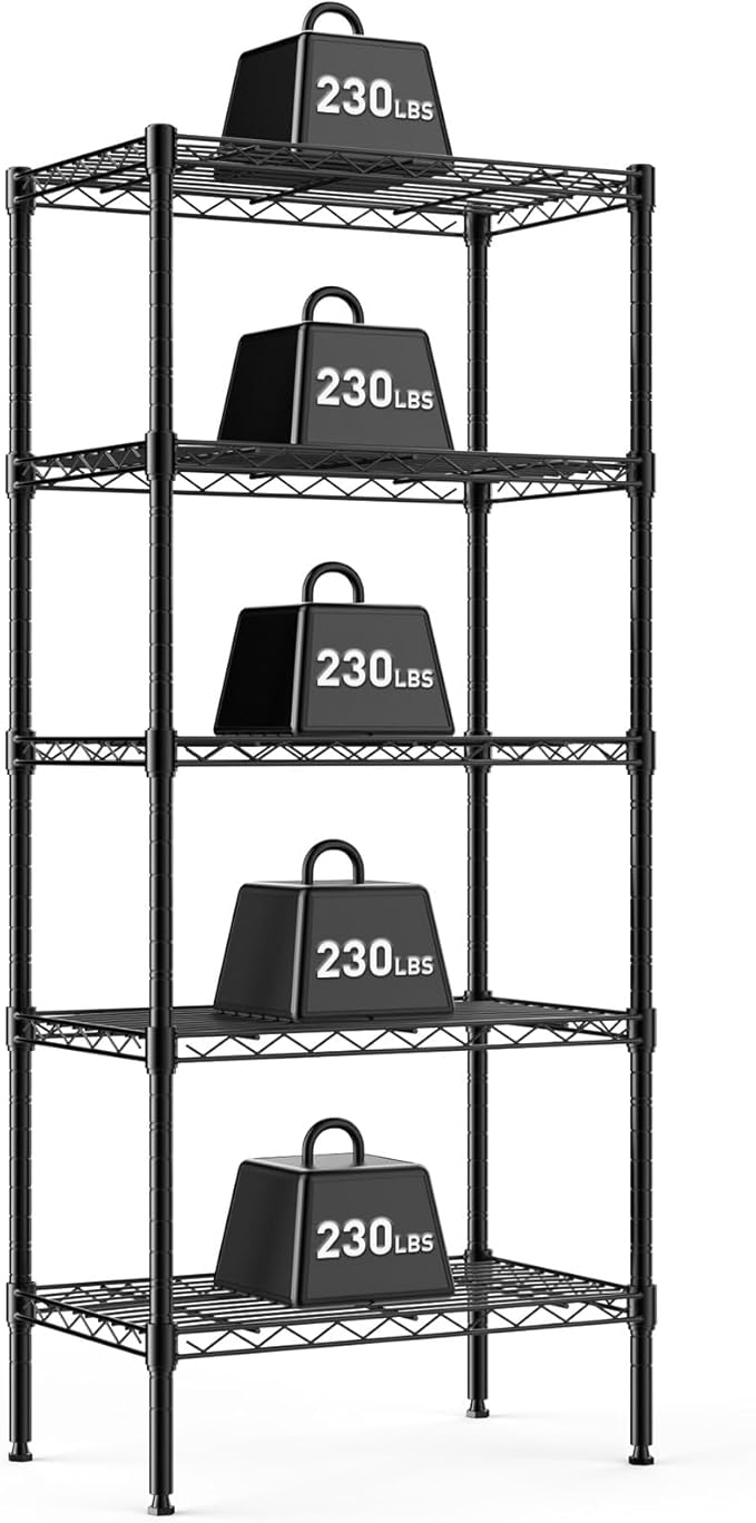 DUMOS 5-Tier Metal Wire Storage Shelves, Adjustable Standing Storage Rack Shelf, Heavy Duty Steel Shelving Unit Organizers for Kitchen Bathroom Pantry Garage, 23.1" WÃ13.4" DÃ59.5" H, Black
