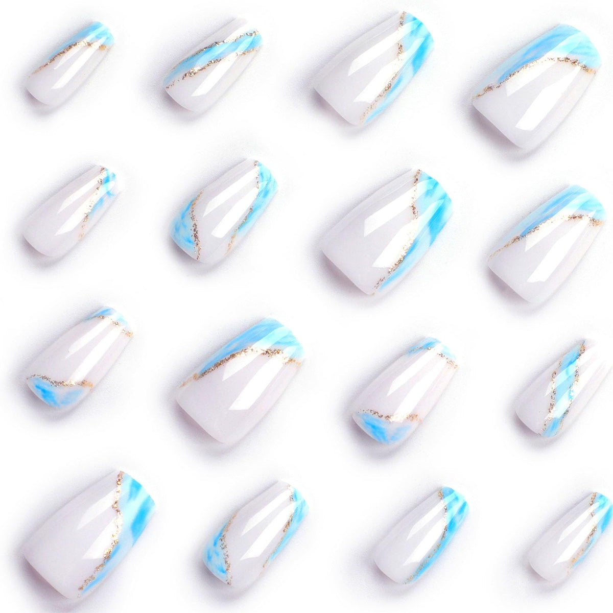 Press On Nails - Short Coffin False Nails with Glitter Designs, Glossy Finish, Blue & White, 24 Pcs