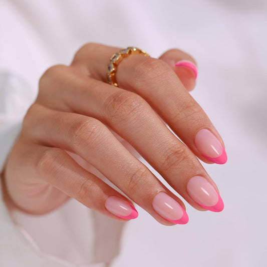 Pink French Tip Press on Nails Almond - SHANGMENG Soft Gel Valentines Press on Nails Short for Women Gift, Naturally Fit Glue on Nails in 16 Sizes - 32 Reusable Fake Nails Kit with Glue, Dolce Pink