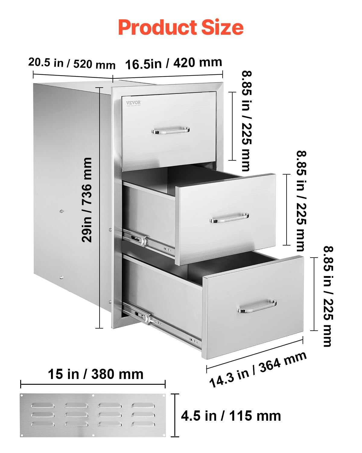 VEVOR Outdoor Kitchen Drawers, 16.5" W x 29" H x 20.5" D Triple Access Drawers, Stainless Steel Flush Mount Cabinets, BBQ Island Storage with Paper Towel Holder & Handle, for Patio Grill Station