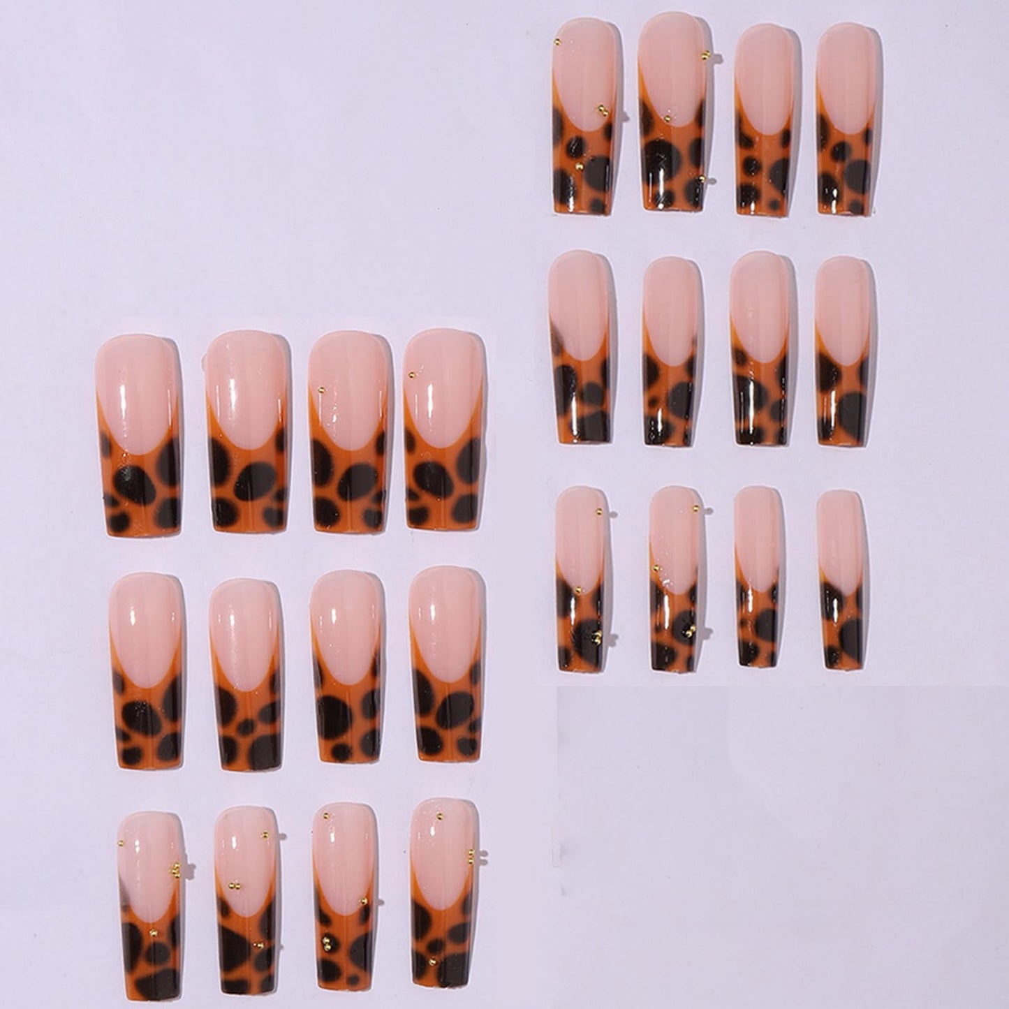 IMRAIN Brown Press on Nails Long Square Fake Nails Leopard Print French Tips False Nails with Golden Bead Designs Glossy Fall Full Cover Stick on Nails for Women Nail Art Manicure