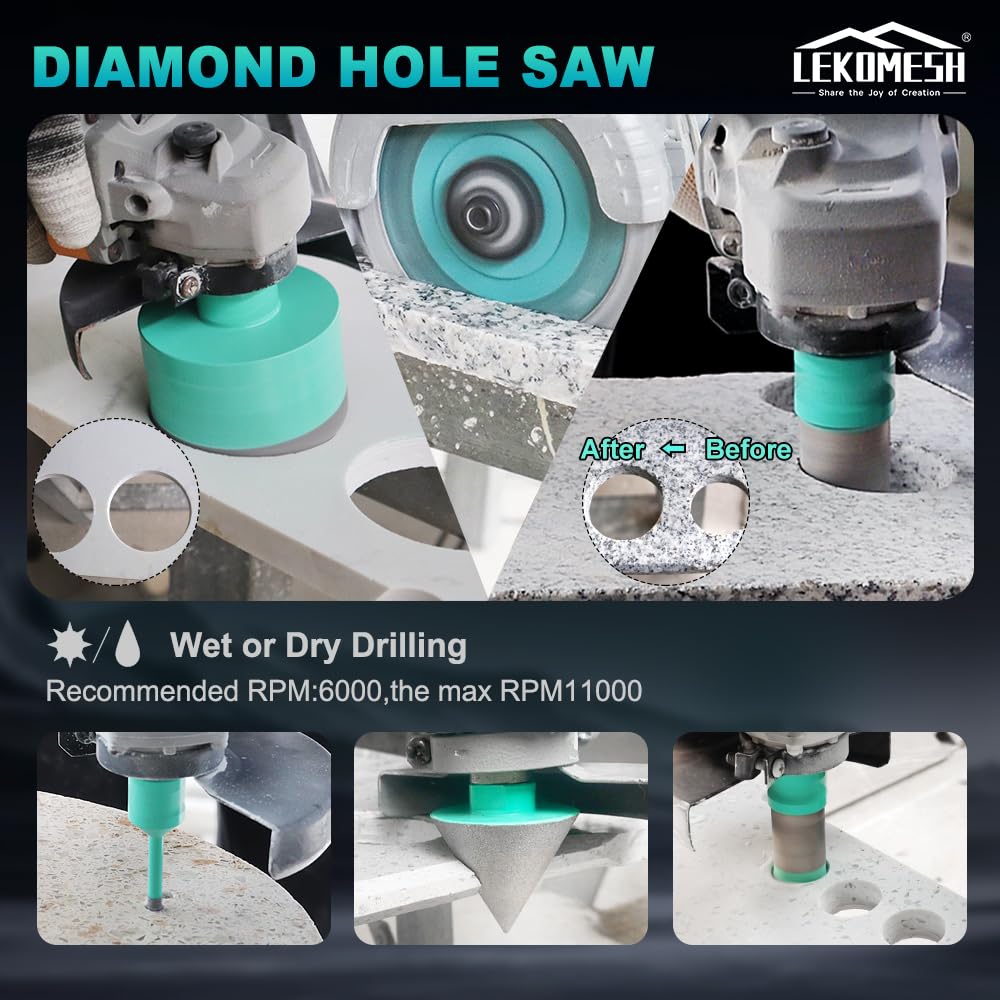 LEKOMESH Tile Hole Saw Kit for Porcelain - (6/8/10/35/50/65mm+Finger Bit+Drilling Milling +Chamfer Bit+Adapter+Tile Blade) Diamond Drill Bits for Ceramic Marble Brick Granite,5/8"-11 Thread