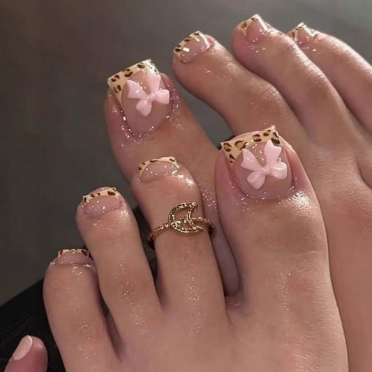 Leopard Print French Tip Press on Toenails Short Square Fake Toenails Summer False Toe Nails Glossy Acrylic Toenail with Cute 3D Pink Bow Design Full Cover Stick on Toe Nail for Women Manicure 24pcs