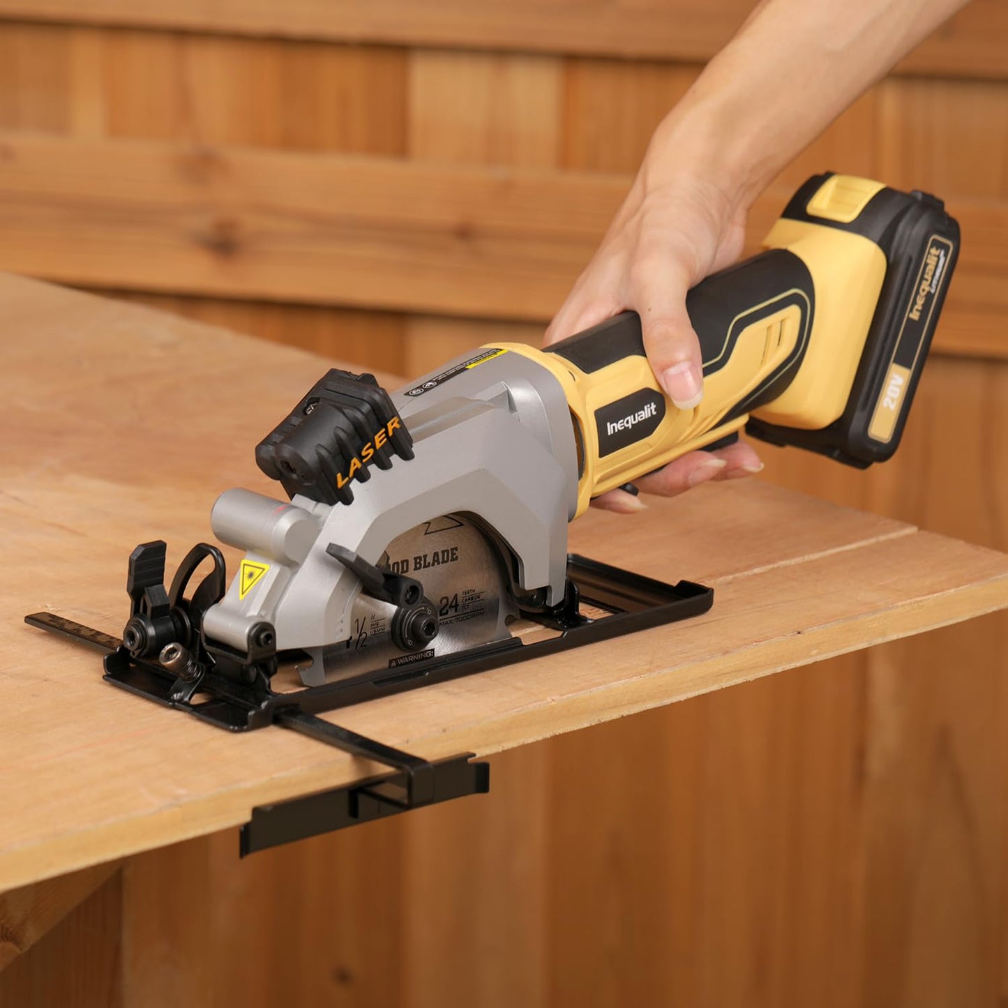 Inequalit 4-1/2 Inch Mini Circular Saw, 3400 RPM Cordless Circular Saw with Laser Guide, Rip Guides, 2 Blades (24T Wood + 60T Metal), Max Cutting Depth 1-11/16" (90°), 1-1/8" (45°)"