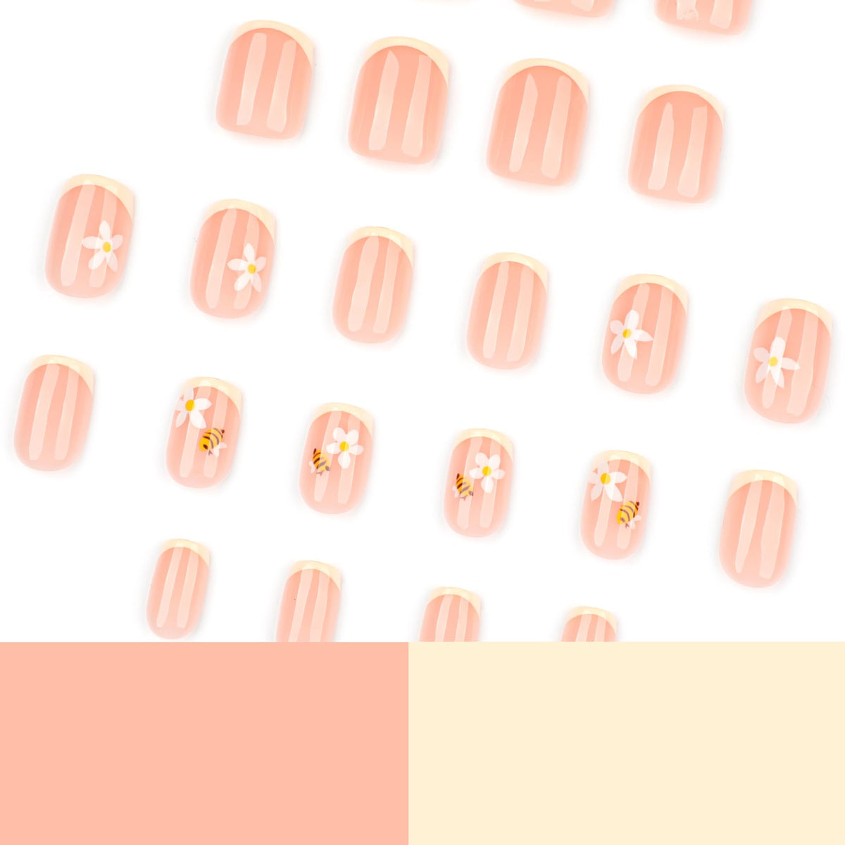IMSOHOT Summer Press on Nails Short Square Fake Nails Yellow French Tips Acrylic False Nails Full Cover Cute Bee Summer Squoval Nail Supplies Stick on Nails for Women