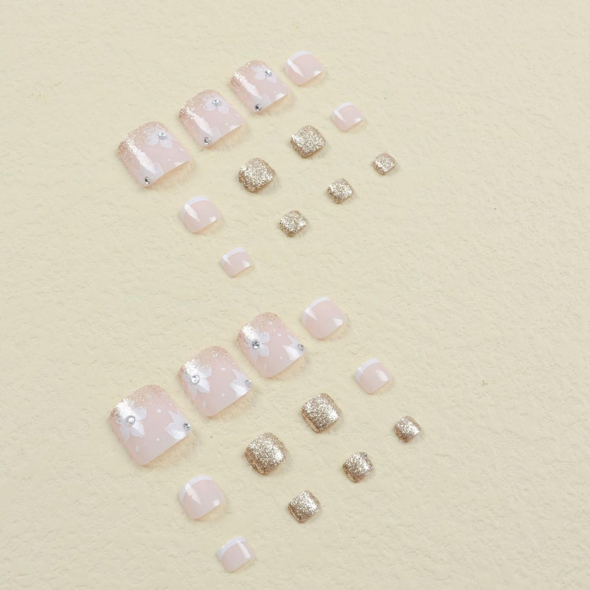 French Tip Press On Toe Nail for Women Fake Toenail with Flower Gold Glitter Rhinestones Designs Glossy Fashion False Toenail Full Cover Acrylic Nails Art DIY Foot Nail Design Toenail Tips 24Pcs