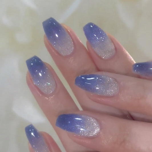 SINHOT Medium Coffin Press On Nails - Glossy Blue Ombre Acrylic Ballerina Artificial Nails With Bling Cat Eye Design - 24 Pcs