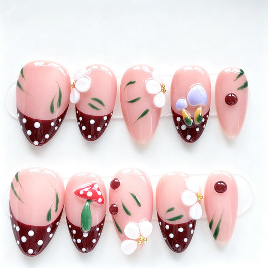 Threelegscat 10 PCS Short Almond Daily Handmade Press on Nails Nude Pink French Tip Polka Dot with 3D Flower Full Cover Fake Nails Reusable for Women Daily, Party, Gift