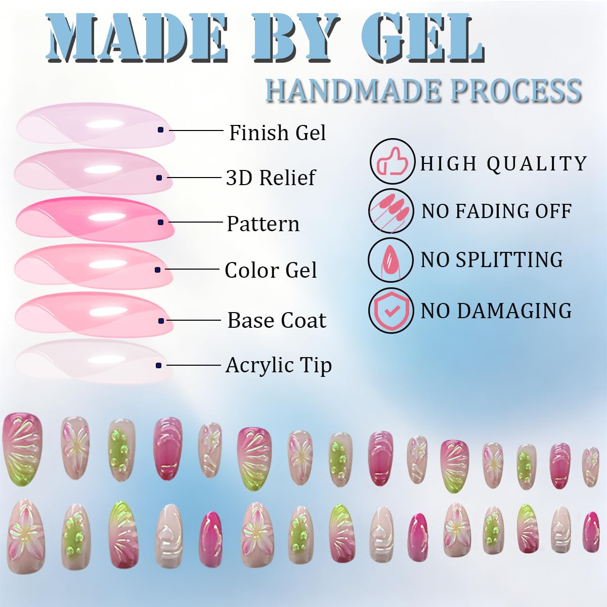 3D Press On Nails Almond Medium Light Pink Fake Nails with Embossed Lines Flower Cat's Eye Designs, Acrylic Artificial Nail Press ons False Stick On Nails for Women Girls 30Pcs