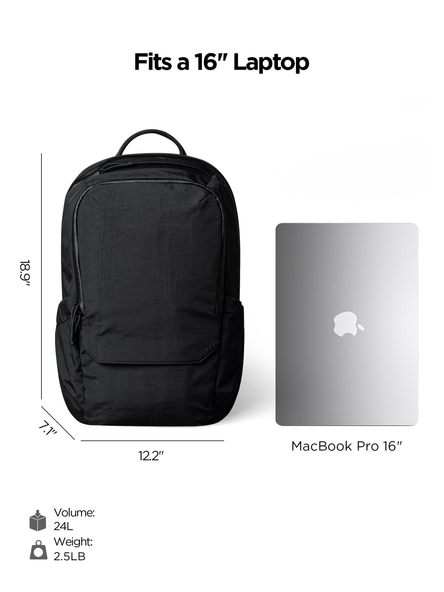 ALPAKA Elements Backpack Pro 24L - Black Laptop Backpack Fits 16'' Laptop with Dual Bottle Pockets, Travel Backpack for Men, Weather-Resistant 400D Axoflux Fabric for Business or College