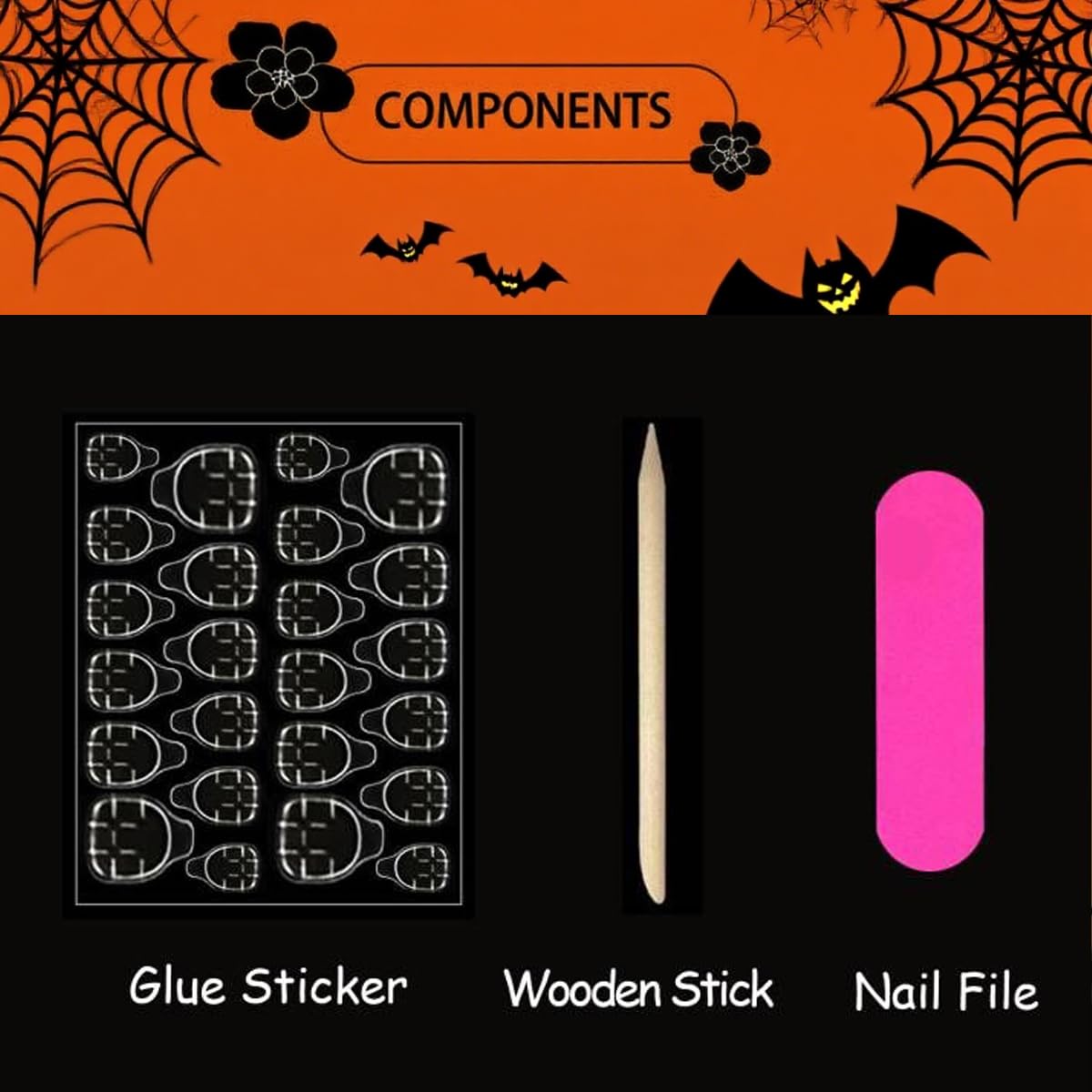 Halloween Press on Nails Short Square Fake Nails Spider Web Bat Cat Witch Designs Stick on Nails French Tip False Nails Orange Glitter Nail Artificial Acrylic Glue on Nail for Women Manicure 24Pcs