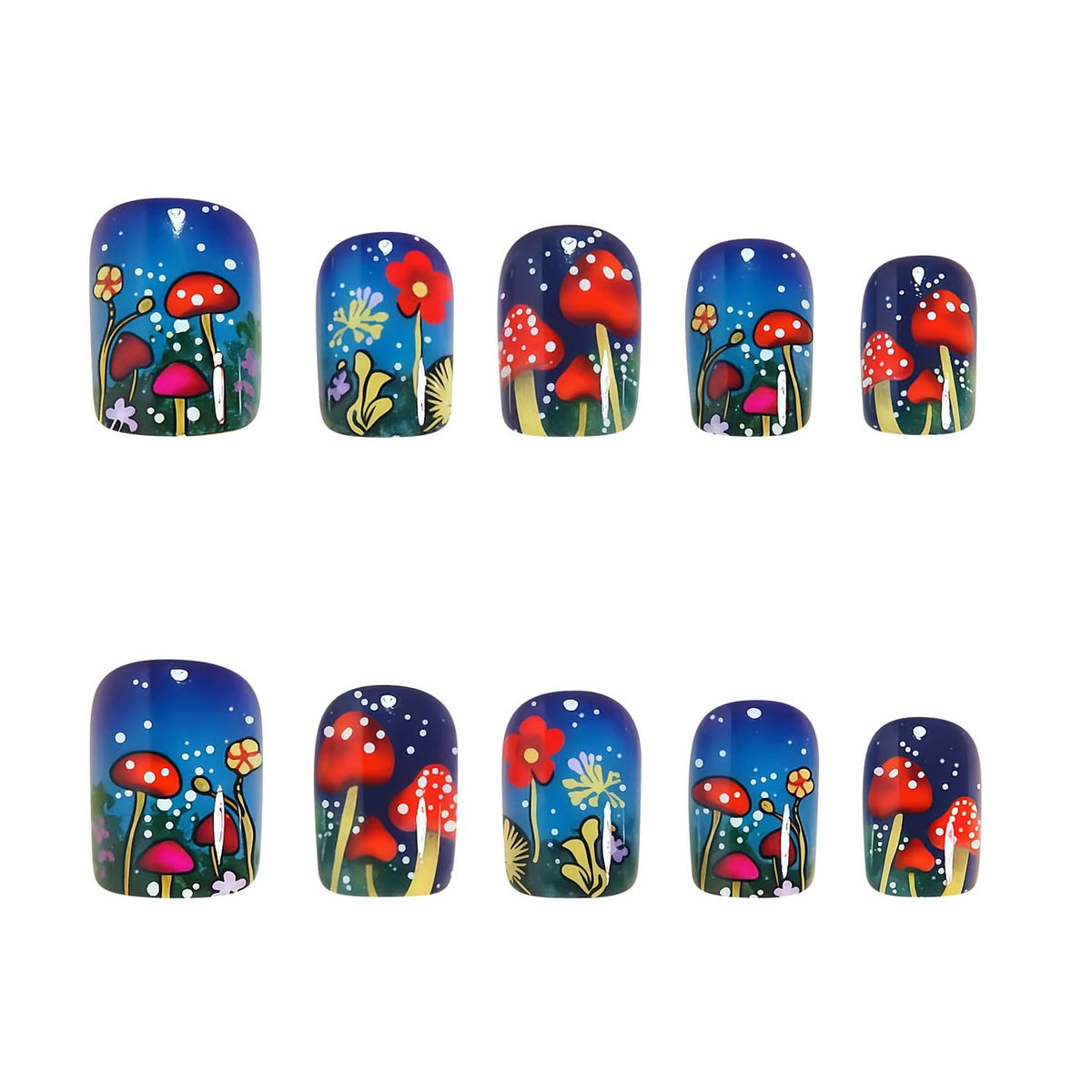 24pcs Short Square Press on Nail Spring Fake Nails with Colorful Mushrooms Flower designs Stick on Nail Glossy Cute Acrylic False Nails Full Cover Cartoon Reusable Glue on Nails for Women