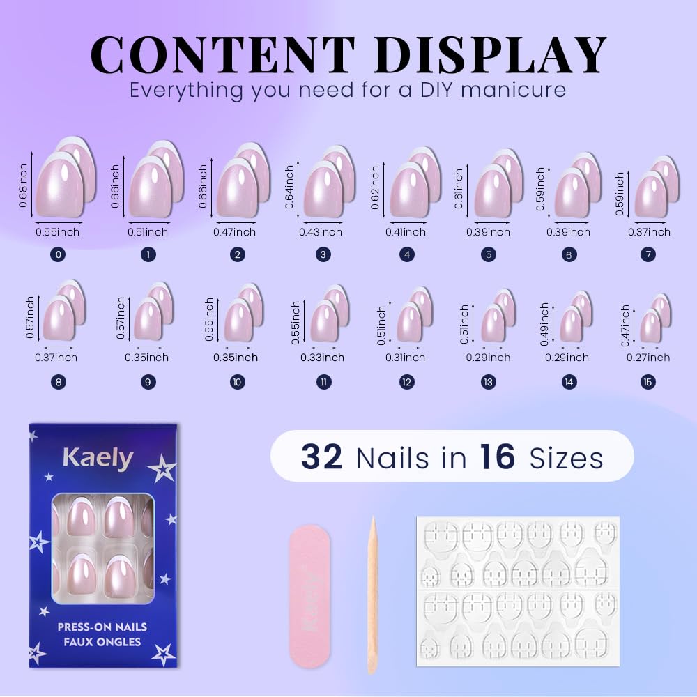 evpct Nude Pink Cat Eye French Tip Press on Nails Short Oval No Glue, White French Tip Short Oval Holographic Stick on Nails for Women, Reusable Full Cover Soft Press on Nail Perfectly with Design