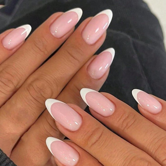 Modelones French Tip Press on Nails Almond, Summer Short Almond Fake Nails for Women, Reusable Nail Kit with Nail Glue Adhesive Tabs Mini Nail File, Nails Press Ons 32Pcs 16 Sizes