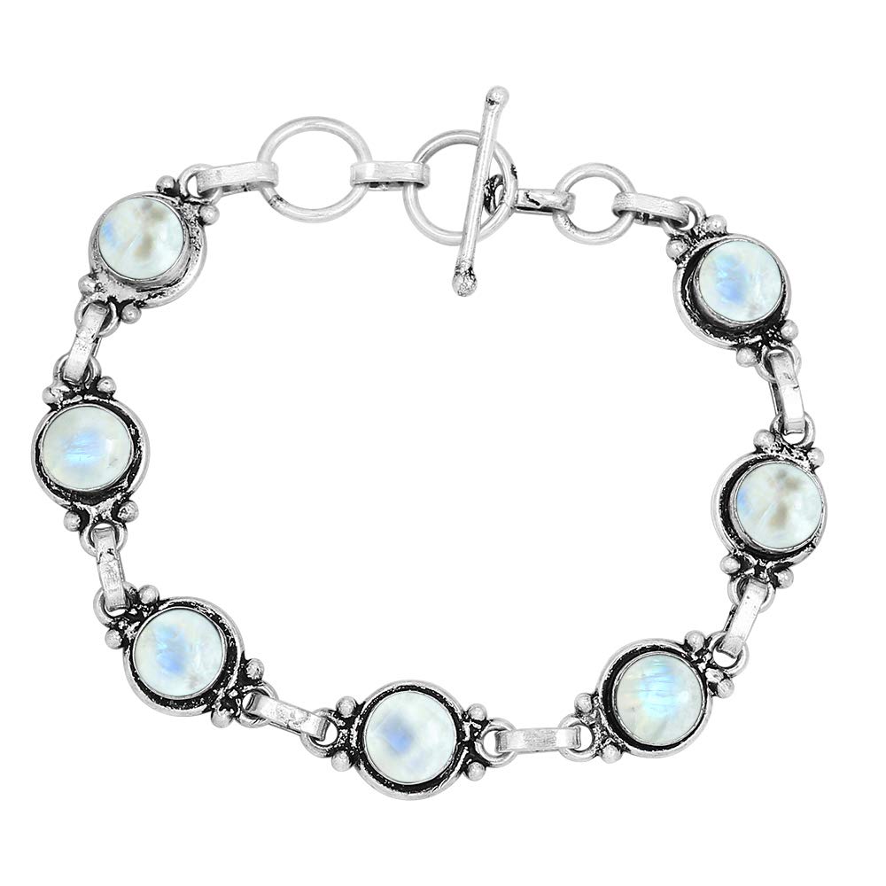 Natural Moonstone 925 Silver Plated Round Gemstone Link Bracelet for Women - White Stone June Birthstone Vintage Style Adjustable Bracelet - Handmade Gifts for Mom Wife Sister Her
