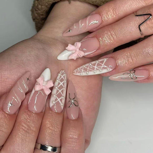 Handmade French Tip Press on Nail Almond Fake ons with Designs Chrome False Nails Long Glossy Full Cover Glue on Nails Stick Women Nails Manicure Decoration 10Pcs (MT-172-L)