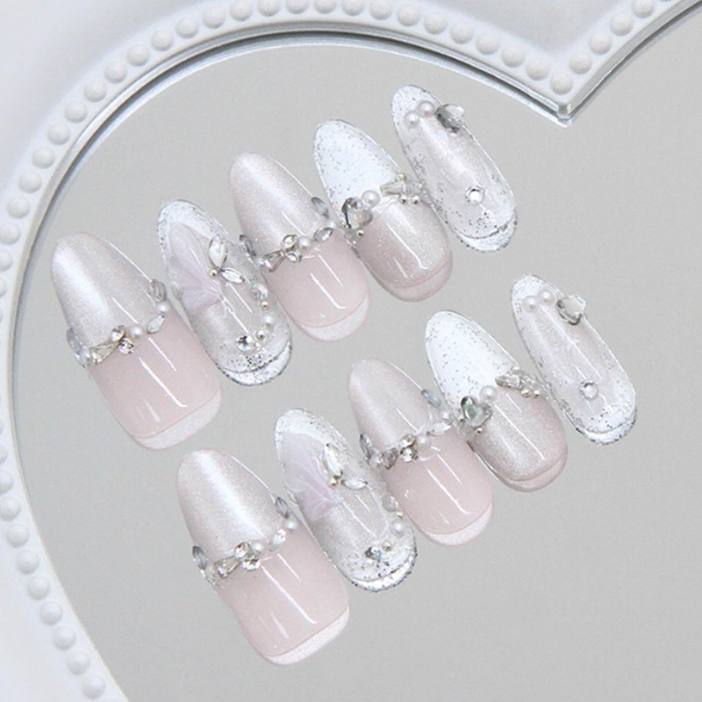 DANMANR Short Press on Nails Almond French Fake Nails Full Cover Nude Acrylic Sparkling Diamonds False Nails for Women and Girls24PCS (Pink Cat Eye)