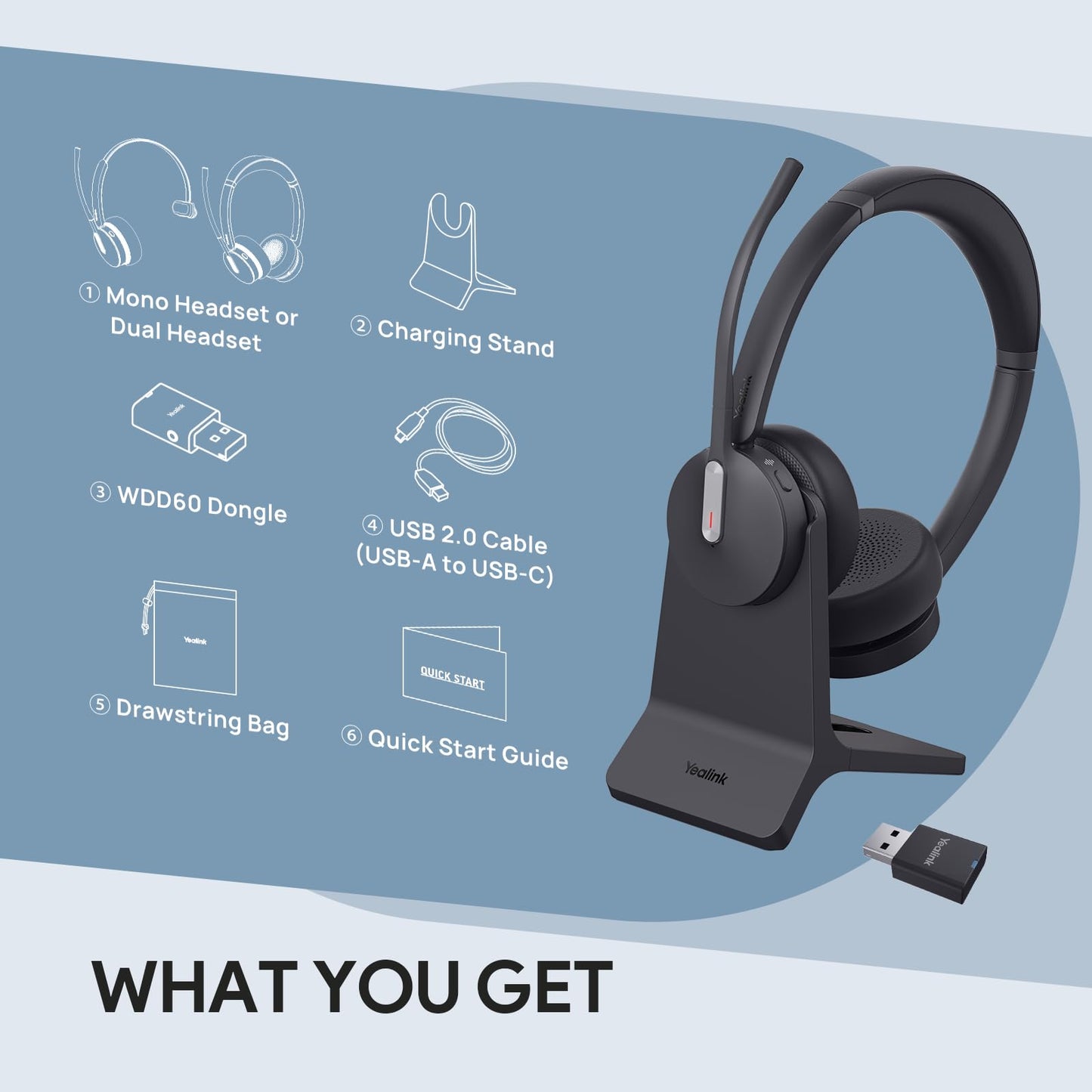 Yealink WH64 Hybrid Wireless Headset Dongle & Charging Stand, 492ft Range DECT&Bluetooth Headphones for Teams, Zoom UC,Single Ear Noise Cancelling Portable Headsets with 3X Mic, 26H Calls,(PC/Phone)