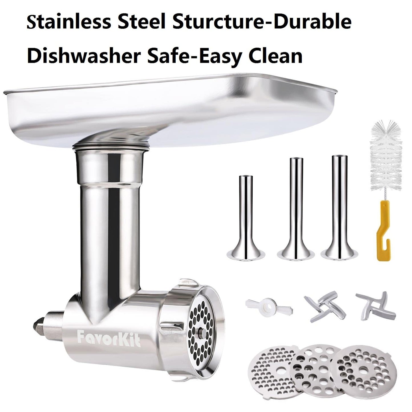 FavorKit Stainless Steel Food Grinder Attachment for KitchenAid Mixers, Dishwasher Safe Meat Processor Aceesory Included 3 Sausage Stuffer Tubes