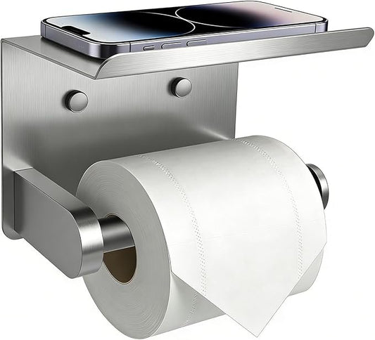 SetSail Toilet Paper Holder with Shelf Adhesive or Screw-in Bathroom Toilet Paper Roll Holders Wall Mount Heavy-Duty Brushed Nickel Tissue Holder for Bathroom Hardware Accessories