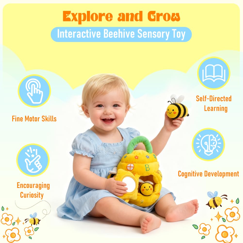 Baby Toys 6-12 Months, Beehive Montessori Toys for 1 Year Old with 5 Sensory Bees Stuffed Animals, Crinkle, Rattles, Squeaker, Jingle Bells, Mirror, Infant Toy Birthday Christmas Gift