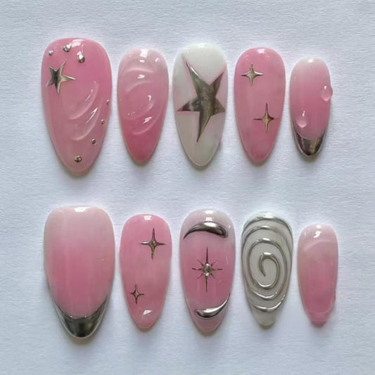 24 Pcs Summer Press on Nails Short Almond,MINGCHUN Pink Fake Nails Press ons Acrylic Nail Art Tips Kit Full Cover False Nails Glue on Nails with 3D Texture Star Circle Design for Women Nail Supplies
