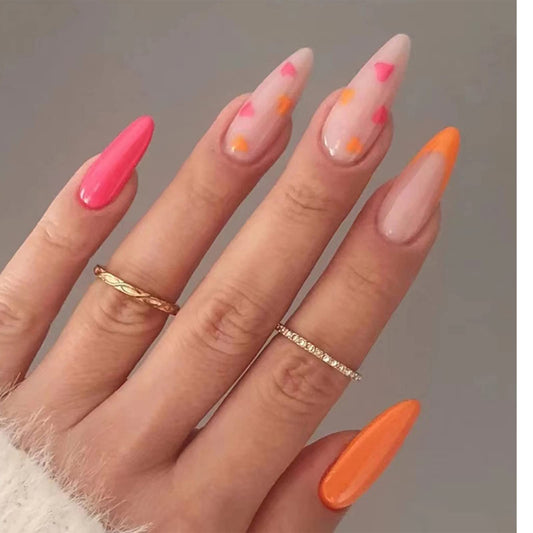 SINHOT French Tip Round Press on Naills Medium Fake Nails Heart Glue on Nails Orange Glossy False Nail Full Cover Oval Acrylic Nail for Women & Girls 24Pcs