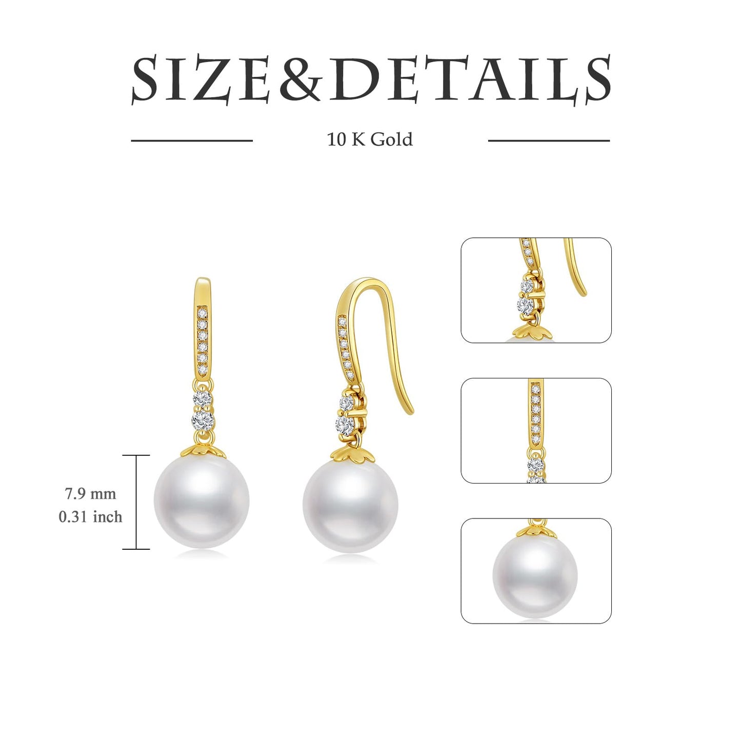 10k Gold Diamond Pearl Necklace and Dangle Earrings for Women, 10kt Gold Jewelry Set for Her