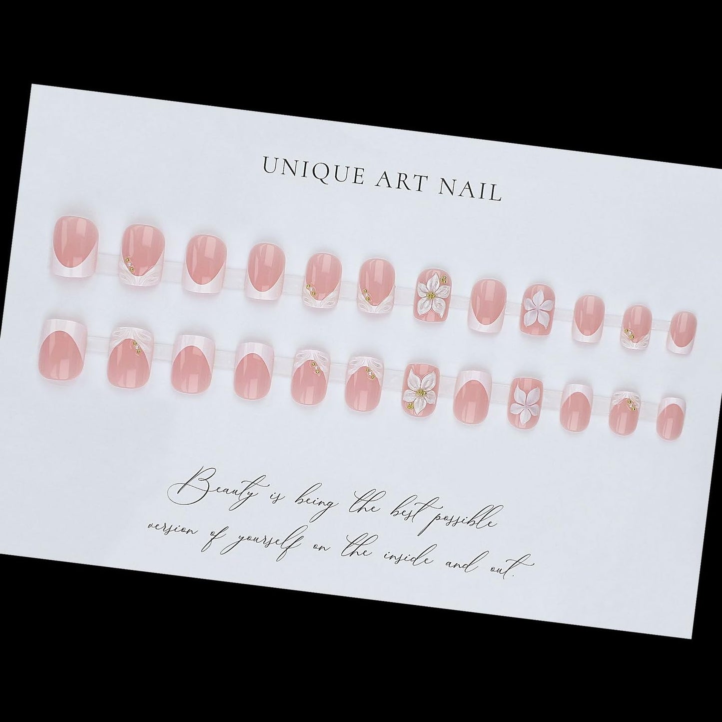 Square Press on Nails Short MABKJLF French Tip Fake Nails 3D Handmade False Nails with Flower Gold Bead Designs White Glossy Glue on Nail Acrylic Nails for Women Girls 24Pcs