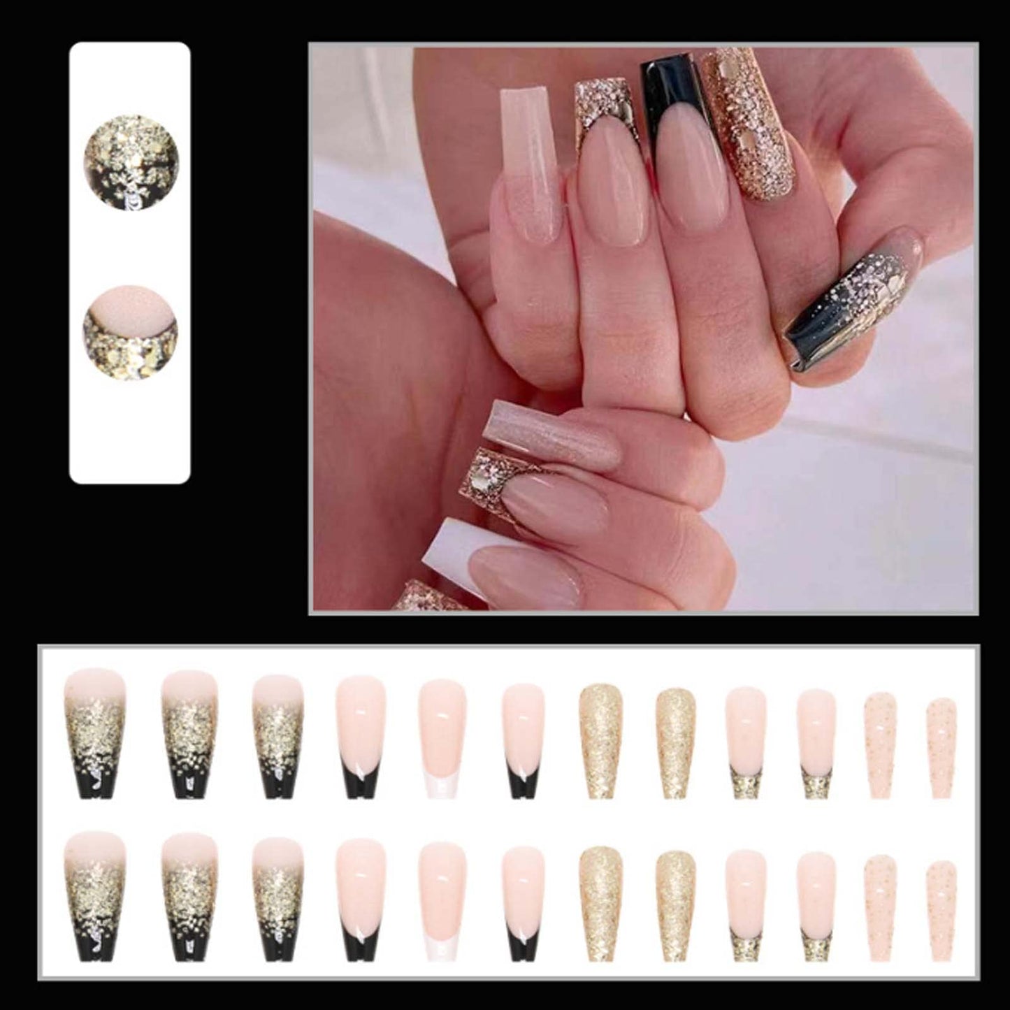 Hkanlre Fake Nails Gold Long Coffin French Press on Nails Acrylic Full Cover Ballerina Bling False Nails for Women and Girls 24PCS