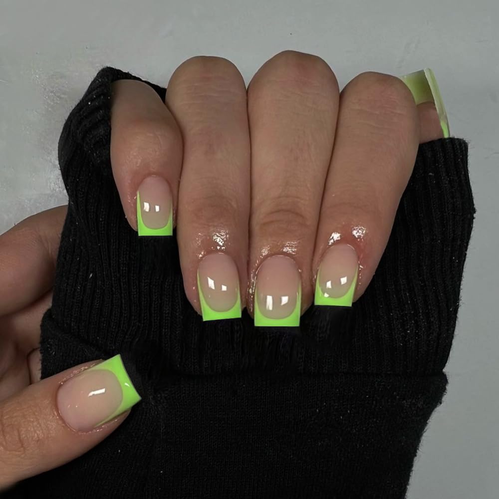 KXAMELIE Neon Green French Press on Nails Short Square&Neon Green French Press on Nails Short Almond For Beach Party Daily Decoration in 54 PCS