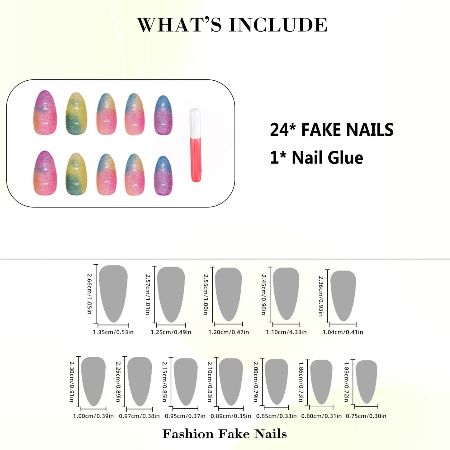 IMRAIN Rainbow Press on Nails Medium Almond Fake Nails Color Ombre Glossy Gel False Nails Full Cover Glitter Summer Stick on Acrylic Nails for Women Girls 24Pcs