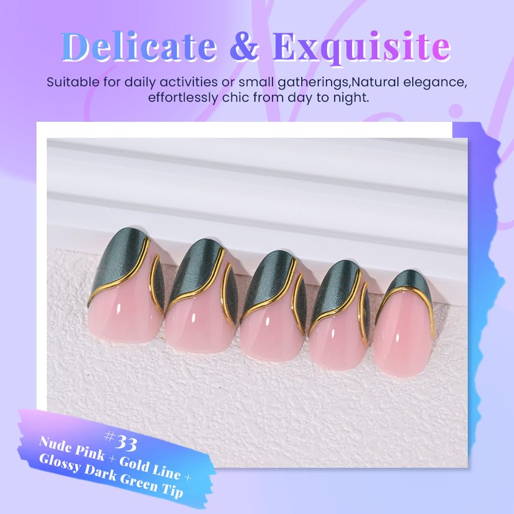 evpct French Tip Press On Nails Short Almond, Nude Pink + Gold Line & Dark Green Tips, Short Almond Fake False Press on Nails, Reusable Gel Stick on nail Press ons with Nail Kit, Salon Quality
