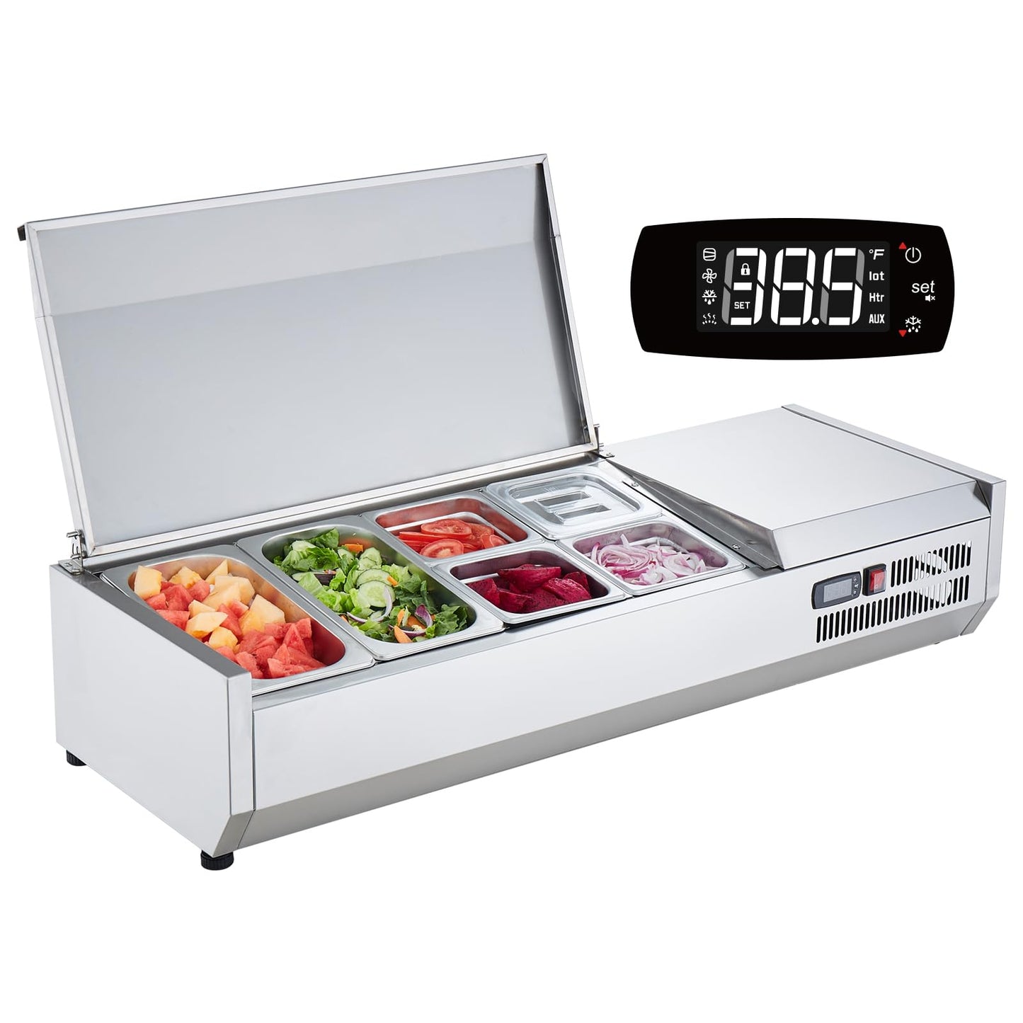 VEVOR Refrigerated Condiment Prep Station, 135 W Countertop Refrigerated Condiment Station, with 2 1/3 Pans & 4 1/6 Pans, 304 Stainless Body and PC Lid, Sandwich Prep Table with Stainless Guard, ETL