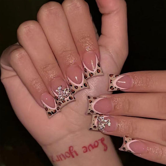 Short Square Press on Nails Fake Nails Artificial Nail Stick on Nail for Women, Cherry Print Design with Leopard French Tip and Glitter Accents