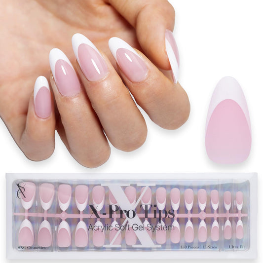 SXC Cosmetics French Tip Press On Nails Pink Medium Almond 150 Pieces in 15 Sizes Ultra Fit with Pre-applied Tip Primer and Base Coat, No Need to File Fake Nails for Nail Art DIY X-Pro Tips