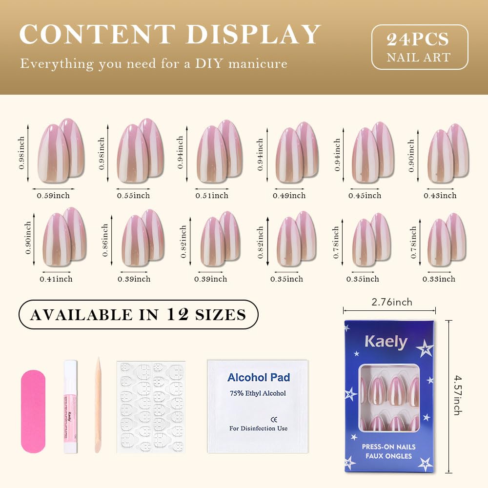 evpct Glazed Press On Nails Almond Medium, Ombre Nude to Pink, Chrome Glazed Glossy Medium Almond Fake False Press on Nails, Soft Gel Stick on nail Press ons with Nail Kit, Reusable Salon Quality