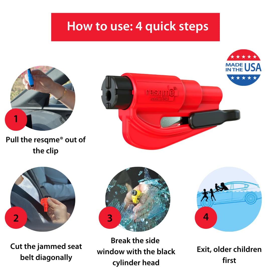 resqme The Original Emergency Keychain Car Escape Tool, 2-in-1 Seatbelt Cutter and Window Breaker, Made in USA, Family Pack of 3, Red, White, Blue - Compact Emergency Hammer