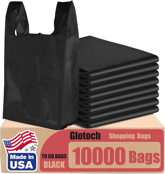 Glotoch 10000 (10K) Count Plastic T-shirt Bags Plain Black, 11.5 x 6.5 x 21" Grocery Shopping Bags with Handles for Restaurant, Retail, Takeout, Convenience Stores, Kitchen Trash, in Bulk Business