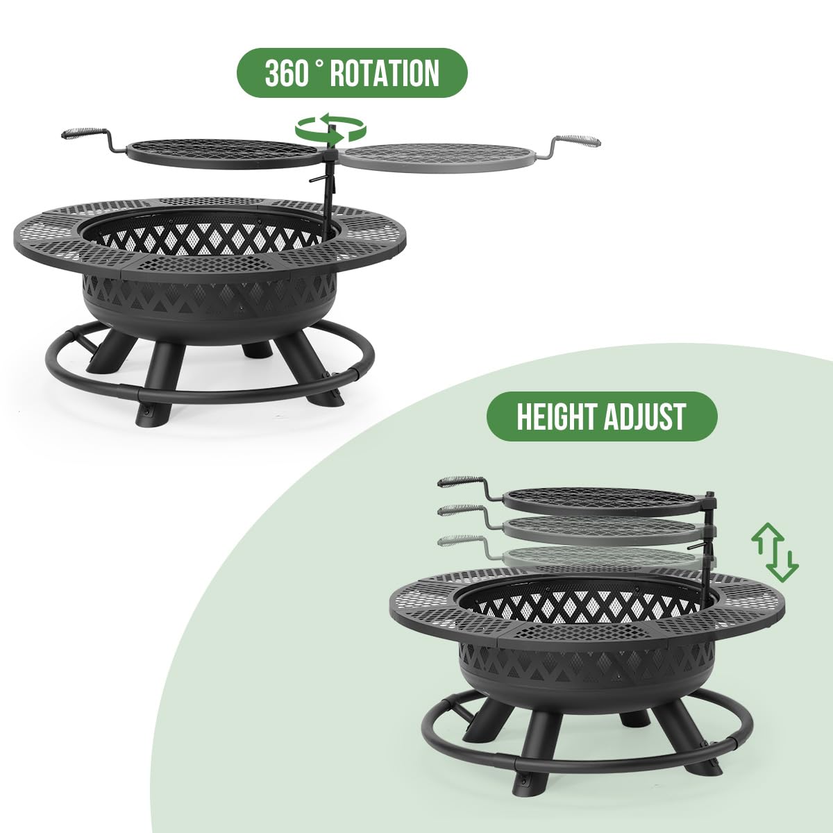 Panovue 42 Inch Outdoor Fire Pit with Grill, Large Firepit Table for Outside, Metal Round Firepits with Lid&Fire Poker,3 in 1 Wood Burning Fire Pits & Outdoor Fireplaces for Backyard,Patio(42'' Black)
