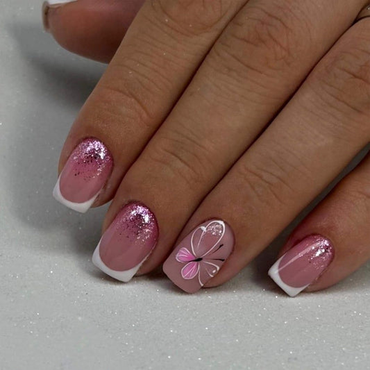White French Tip Press on Nails Short Square Fake Nails with Butterfly Glitter Designs Summer Glue on Nail Reusable Artificial Extra Short Acrylic Full Cover Stick on Nail for Wedding Women 24 Pcs