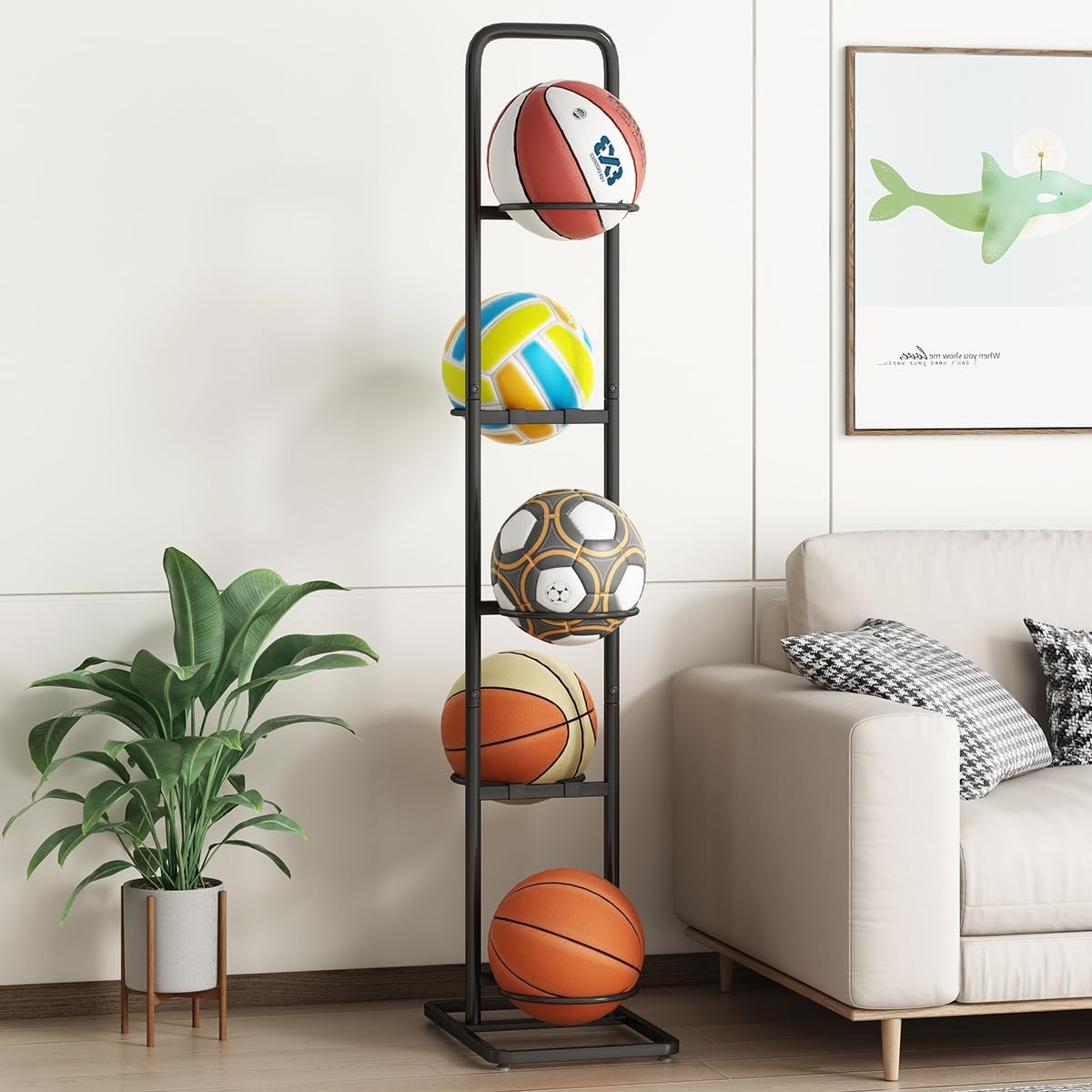MLUPODY Vertical Ball Rack -basketball rack- Durable Carbon Steel Storage for Basketball, Soccer, Volleyball, and More - Easy to Assemble, Waterproof, Sturdy - 56.7" H"
