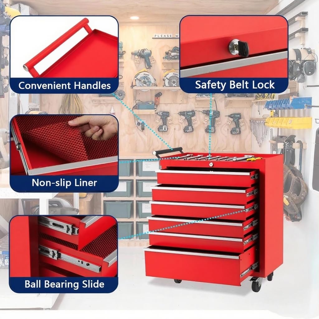 ActiveTrail Heavy-Duty Rolling Tool Chest with 6 Lockable Drawers, Featuring a Sturdy Metal Cabinet and Smooth-Wheeling Mobility, Includes Protective Drawer Liners for Secure Storage